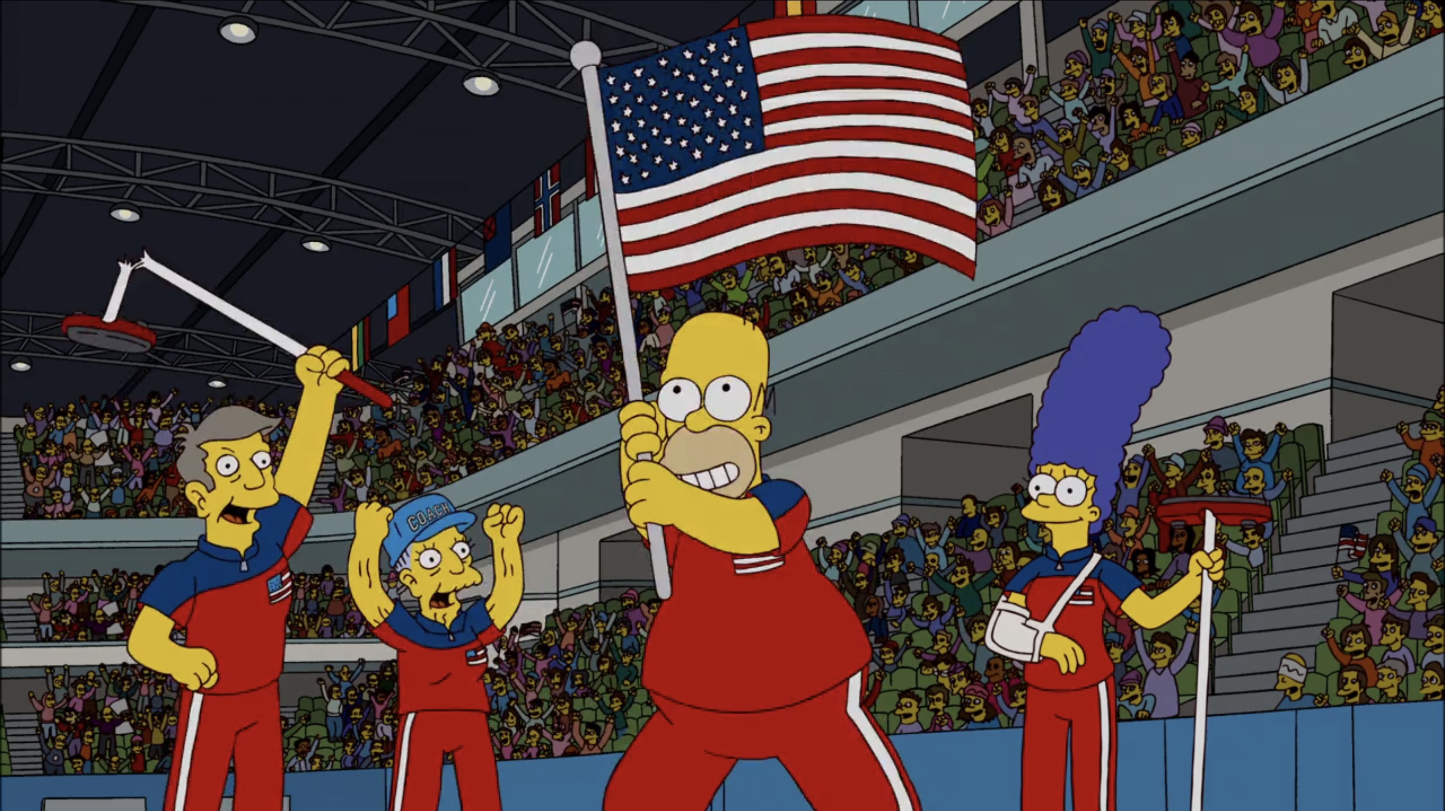 Homer schwenkt bei den Olympischen Spielen mit Marge, Skinner und Agnes in „Die Simpsons“ die amerikanische Flagge.